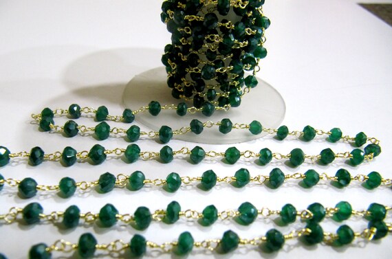 Natural Green onyx Rondelle Faceted 3-4mm Size Beaded Wire Wrapped Rosary chain Wholesale Prices Jewelry making chain sold per foot