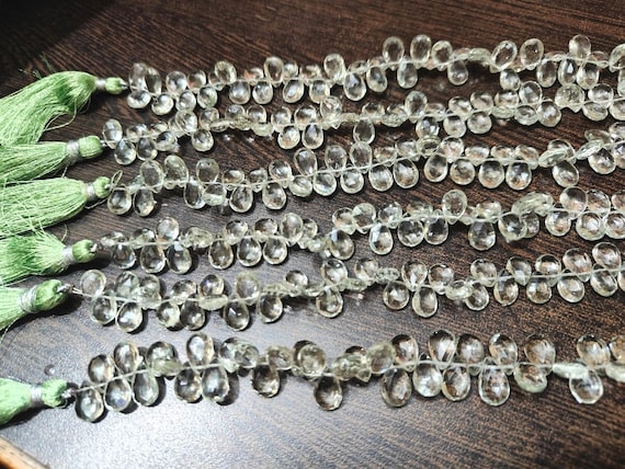 Natural Green Amethyst Briolette Faceted Pear Shape 7 x 11mm Beads Sold Per Strand 8 Inches Long