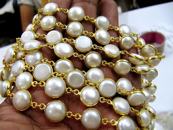 Natural Pearl 10-11mm Round Coin Shape Tiff Bezel Connector Chain Sold Per Foot Wholesale Prices Bezel Handmade chain sold per foot