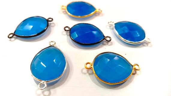 Blue Chalcedony Hydro Quartz Briolette Pear Shape Bezel Connector 15x18mm Size Double Loop Charms