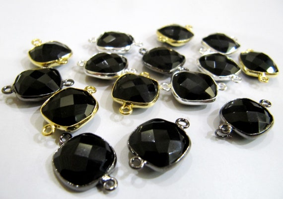 Natural Black spinel Cushion Square Shape 10mm Briolette Double Loop Bezel Connector charm Choose the plating Sold per Piece Wholesale Price