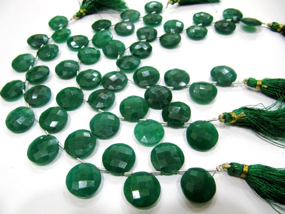 Emerald Corundum Round Coin Shape Briolette  Faceted Beads  15 mm  Sold per strand  8 inches long Top Quality green gemstone