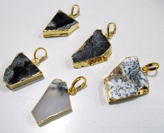 2 Pcs Set-Natural Dendrite opal Slice Pendant Free Form Connector Charm With 24K Gold Electroplated Edge Single Loop 1 inch approximately