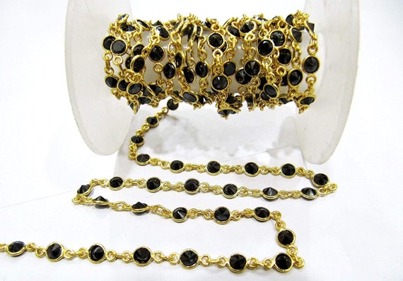 Natural Black CZ Briolette 4mm Round Stone Bezel Connector Chain  Sold Per Foot High Quality Wholesale price Jewelry making chain