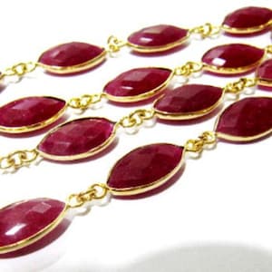 Ruby Marquise Shape Briolette Faceted Bezel Connector Chain 9x15mm Gold Plated Sold Per Foot High Quality Wholesale Prices