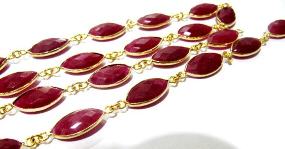 Ruby Marquise Shape Briolette Faceted Bezel Connector Chain 9x15mm Gold Plated Sold Per Foot High Quality Wholesale Prices
