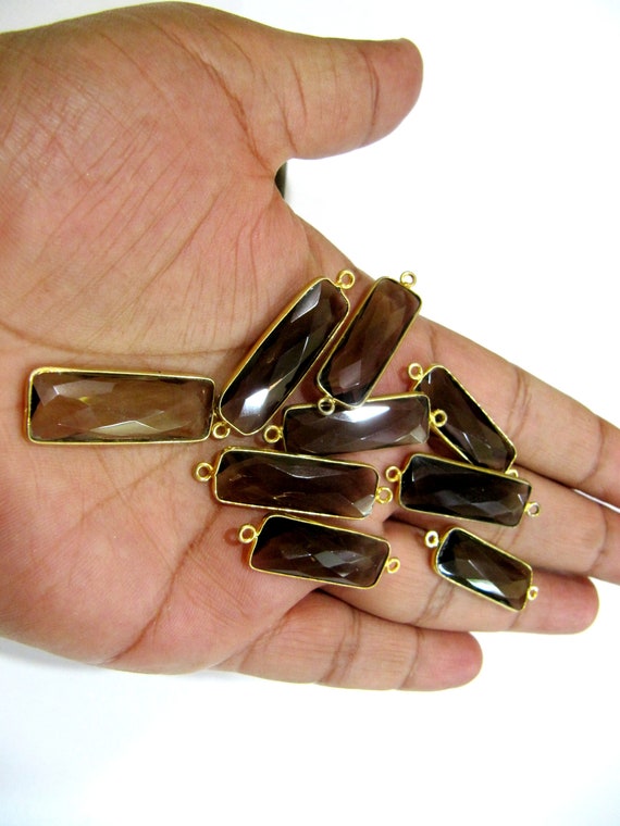 2 Pcs Set-Natural Smoky Quartz Baguette Shape 10X30mm Briolette Connectors Hydro Quartz Brown Double Loop Bezel Top Quality Wholesale prices