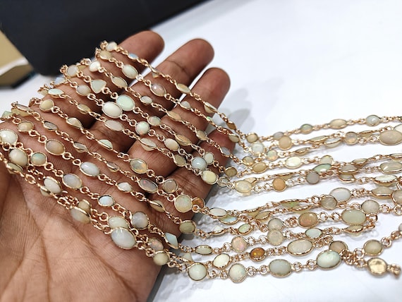 Natural Ethiopian Opal 5 to 10mm Briolette Mix Shape Bezel Connector Chain Sold per foot