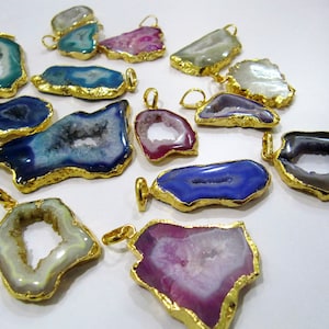 2 Pcs Set-AAA Quality Mix Color Geode Agate Slice Pendant Free Form Druzy 24K Gold Plated Electroplated edges / Agate Druzy Connectors