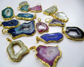 2 Pcs Set-AAA Quality Mix Color Geode Agate Slice Pendant Free Form Druzy 24K Gold Plated Electroplated edges / Agate Druzy Connectors