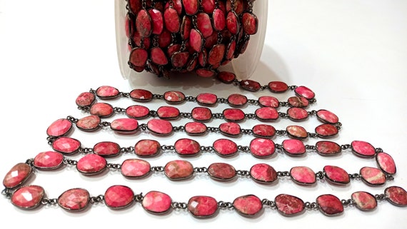 Natural Thulite Gemstone Briolette Free shape 12 to 15mm Bezel Connector chain Sold Per Foot great Quality Chain