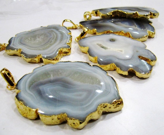 Natural Grey Solar Quartz Geode Agate Slice Pendant Size 40x60mm to 50x70mm 24Kt Gold Electroplated Edges Stalactite Slice