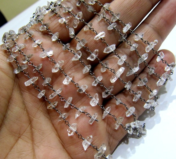1 Foot -: Natural Herkimer Diamond Quartz irregular Rough  Chip 5 to 8mm Beaded Wire Wrapped Rosary Chain Wholesale Prices