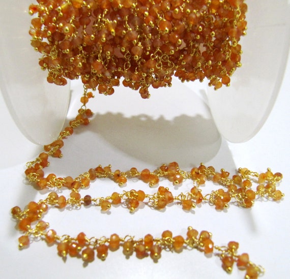 Natural Carnelian Rondelle Faceted 3mm Size Beaded Wire Wrapped Dangling cluster Chain Jewelry making Gemstone Chain sold per foot