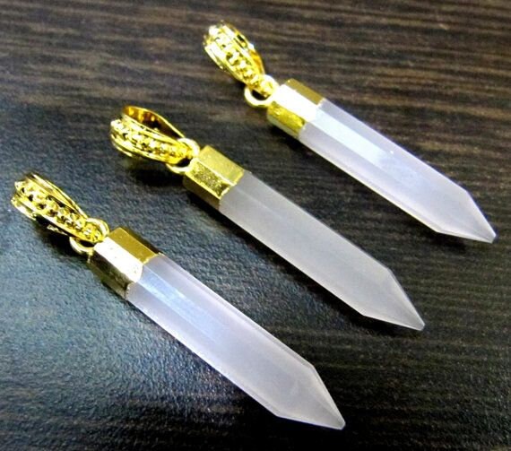 Natural Rose Quartz Pencil Shape Pointed Charms, 30To40mm Gold Electroplated Pendant, Faceted Fancy shape charm with Designer Loop per piece