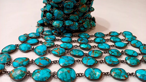 Natural Blue Copper Turquoise Gemstone Briolette Free Shape 12 to 15mm Bezel Connector Chain Sold per Foot Great Quality Chain
