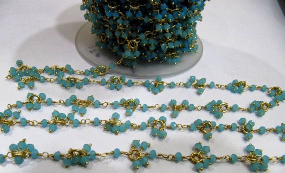 Aqua Chalcedony beaded Flower Chain Beads 3mm Rondell faceted Cluster Rosary Chains, Dangling Flower Chain Hydro Quartz Beads