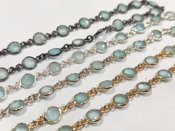 Aqua Chalcedony Briolette Connector Chain: 6mm Coin Shape, Per Foot