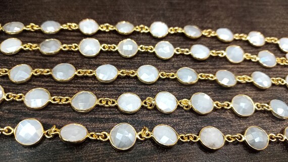 Natural White  Moonstone AB Coated Coin Shape Briolette 12mm Bezel Connector Chain Sold Per Foot