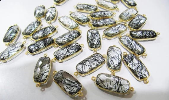 2 Piece Natural Black Rutilated Quartz Briolette Baguette Shape 11x21mm Bezel Connector Charms Pendant Double Loop