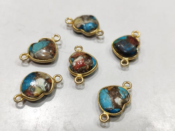 Natural Oyster Copper Turquoise heart Shape 10mm Briolette Connectors double side loop Bezel Charms Sold per Piece