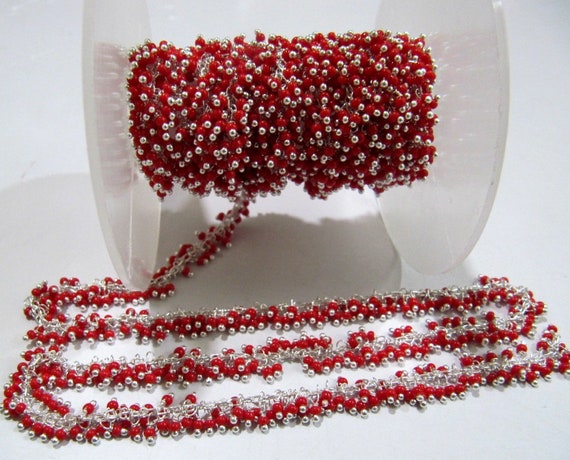 Red Coral Smooth 2mm Beads Cluster Chain Handmade Hydro Quartz Wire Wrapped Beaded Cluster Dangling Chain Sold Per Foot