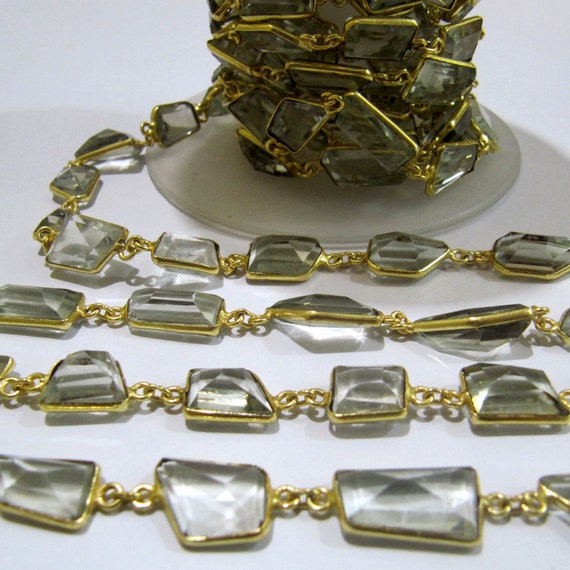 Natural Green Amethyst Free Shape Laser Cut 10-12 mm Connector Bezel Chain Gold Sold Per Foot High Quality Wholesale Prices Jewelry chain