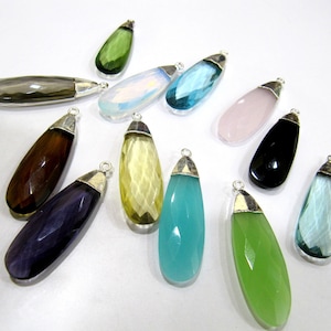 ON SALE Quartz Pear Shape Briolette  Pendant Connectors with Silver Electroplated Cap  around 1.5 inches Long Single Loop Choose the Color
