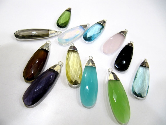 ON SALE Quartz Pear Shape Briolette  Pendant Connectors with Silver Electroplated Cap  around 1.5 inches Long Single Loop Choose the Color