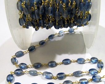 Natural Blue Kyanite Oval Plain Smooth 6x8 to 7x10mm Beaded Rosary Chain Sold Per Foot High Quality Wholesale Price Gemstone chain