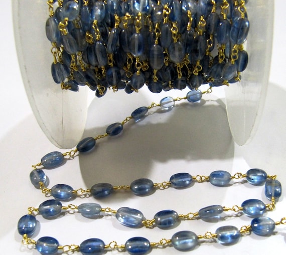 Natural Blue Kyanite Oval Plain Smooth 6x8 to 7x10mm Beaded Rosary Chain Sold Per Foot High Quality Wholesale Price Gemstone chain