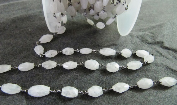 Natural White Rainbow Moonstone Oval Faceted  Beaded Rosary Chain High Quality Semi Precious Beads Handmade Gemstone chain sold per foot