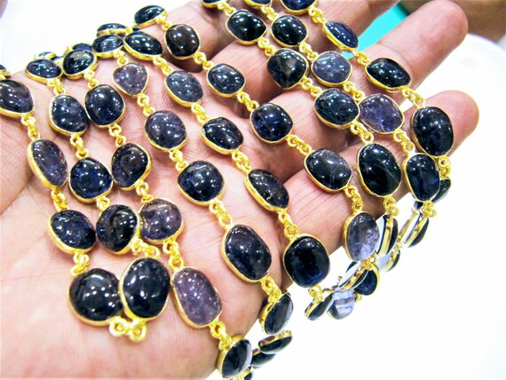 Natural Iolite Free Shape Plain Smooth  7X9 to 9X11mm Cabochon Bezel Connector Chain Sold Per Foot High Quality Gemstones Handmade Chain