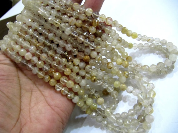 Natural Golden Rutilated 7mm Round Ball Shape Faceted Beads sold per strand 8 Inches Long Semi Precious Golden Color Beads Top Quality