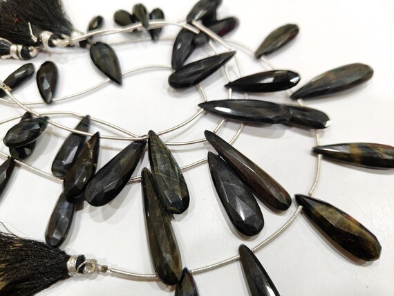 Natural Black Tiger Eye Briolette Faceted Beads 1 inch Long  Sold per strand  8 inches long Jewelry Making Green Gemstone beads