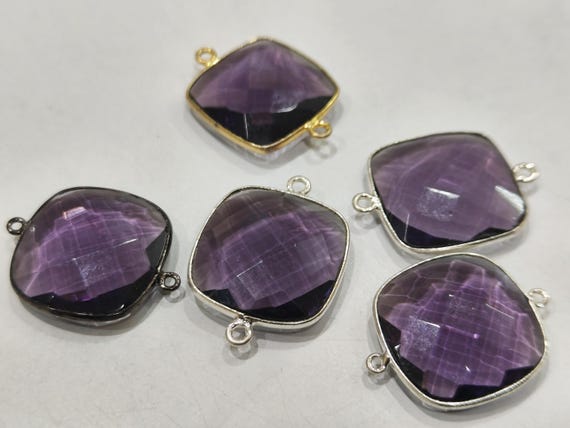 Amethyst Quartz Briolette Faceted Size 19mm Cushion Square Shape Double Loop Bezel Connector Choose the Plating color Sold Per Piece