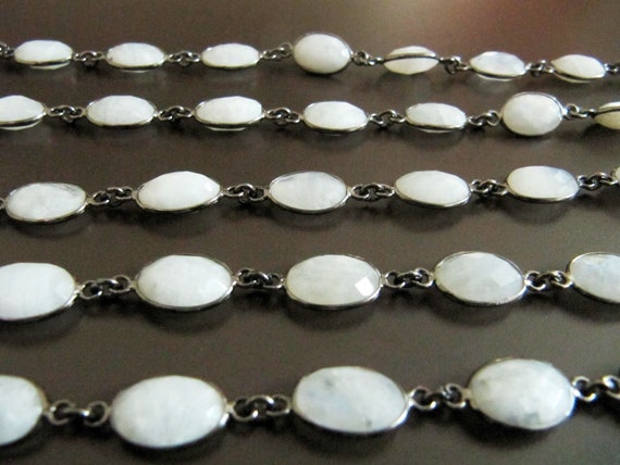 1 Foot-Natural White Rainbow Moonstone Oval Cabochan Shape Briolette Faceted Bezel Connector Chain 9x13mm  Gold/Black/Silver/Rose Plated