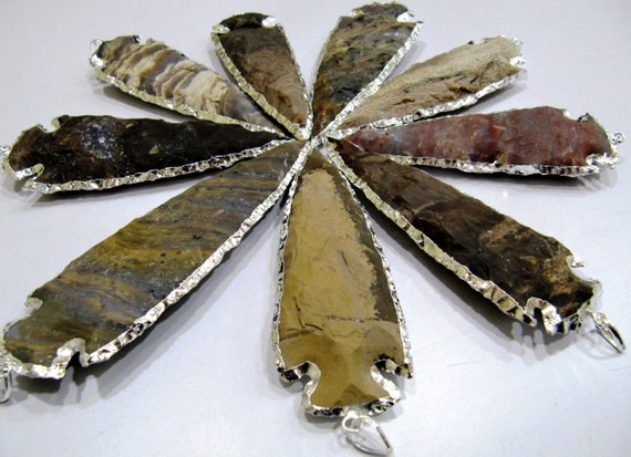 2 Pcs Set Natural Jasper Silver Electroplated Edge Single Loop Arrowhead Connector Charms Pendant Size 4 to 5 Inches Long