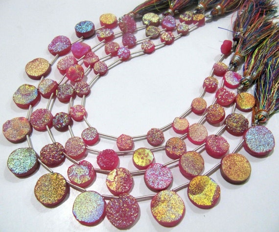 Natural Titanium Coated Agate Pink Druzy Round Shape Briolette Beads Jewelry Making Beads Strand 10 Inches Long Sold Per Strand
