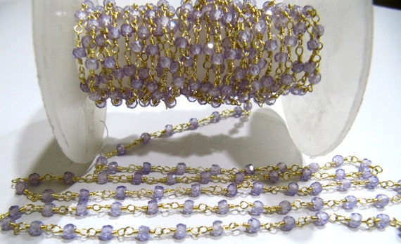 3 Feet - Amethyst Color Cubic Zirconia Rondelle Faceted 3mm Beaded Rosary Chain Gold/Silver/Black Plated  Wholesale Price