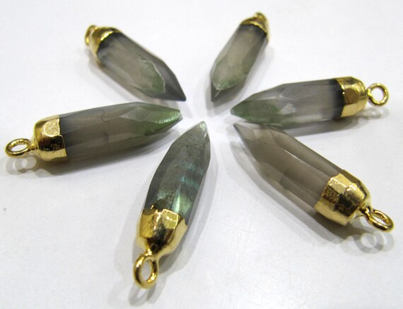 2Piece Natural Grey Moonstone Tiny Bullet Charm Pointer Pendant  Single Loop Connector Charm Gold  Electroplated approximately 20mm long