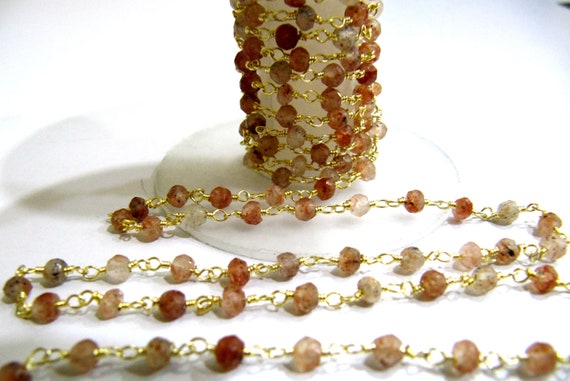 Copper Rutilated Quartz Rondelle Faceted 4mm Size wire wrapped aati beaded Rosary chain Sold Per Foot High Quality Wholesale Price