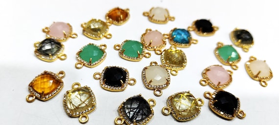 Multi Quartz Stone Briolette Cushion Shape Connector Pave CZ Double Loop 13mm charm, Gemstone Bezel, Setted Cubic Zirconia Jewelry Per piece