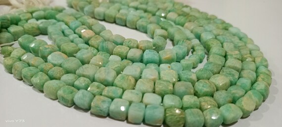 Natural Amazonite Faceted Cut Box Shape Beads 6 to 8mm Cube Shape Beads Strand 14 Inches Long Wholesale Price