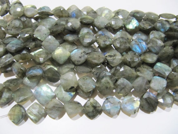Natural Labradorite Cushion Shape Beads, Briolette Labradorite Faceted Cut Blue Flashy Beads 11-12mm To 12-13mm Size Strand 8 inch long