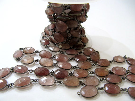 Natural Strawberry Quartz Uneven  Free Shape Size 11 to 15mm Briolette Faceted Bezel Connector Chain Sold Per Foot Choose the Plating color