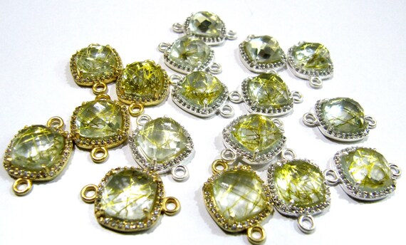 Golden Rutilated Quartz Cushion Shape Briolette Connectors 13mm with Setted CZ Pave Double Loop Bezel Gemstone Jewelry Sold Per Piece