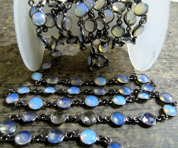 White Opalite Round Coin Shape Briolette Faceted Bezel 7mm Size Connector Chain Wholesale Prices Jewelry making sold per foot