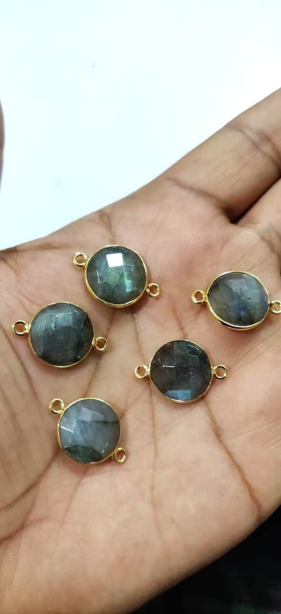 2 Pcs Set Natural Labradorite Round Coin Shape 15mm Briolette Connectors Gray Stone Double Loop Bezel Jewelry Making Bezel Connectors