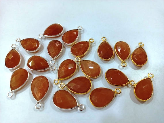 Natural Gemstone Peach Moonstone Pear Shape Bezel Connector charms 10 mm Size Connector Single Loop Briolette Connectors sold per piece